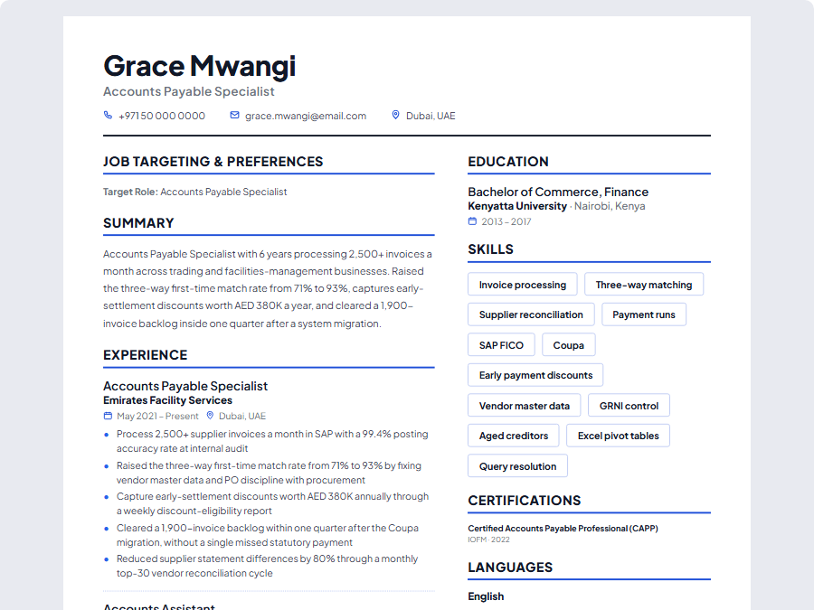 Accounts Payable Specialist CV example preview