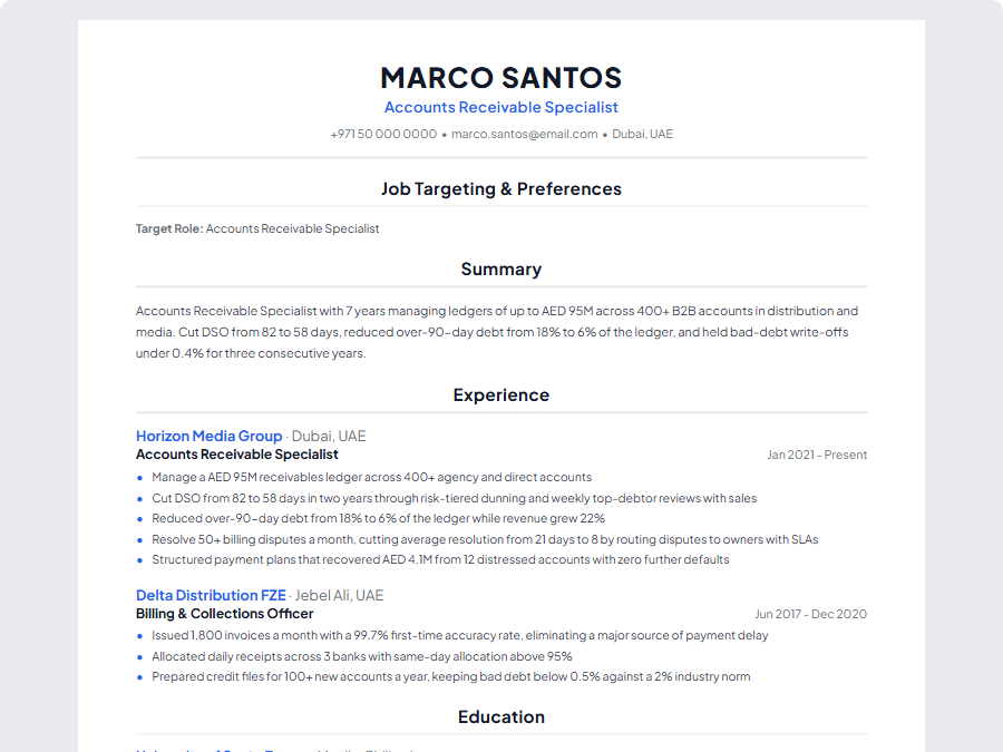 Accounts Receivable Specialist CV example preview