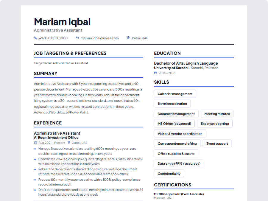 Administrative Assistant CV example preview