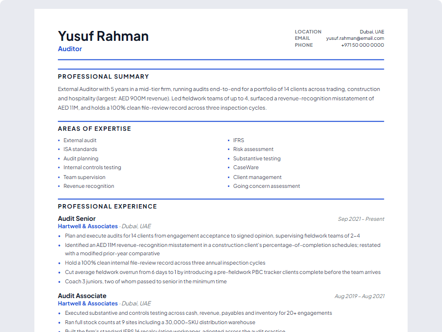 Auditor CV example preview