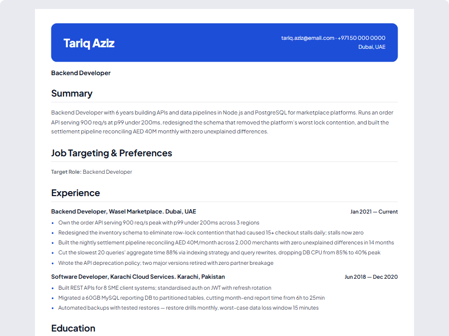 Backend Developer CV example preview