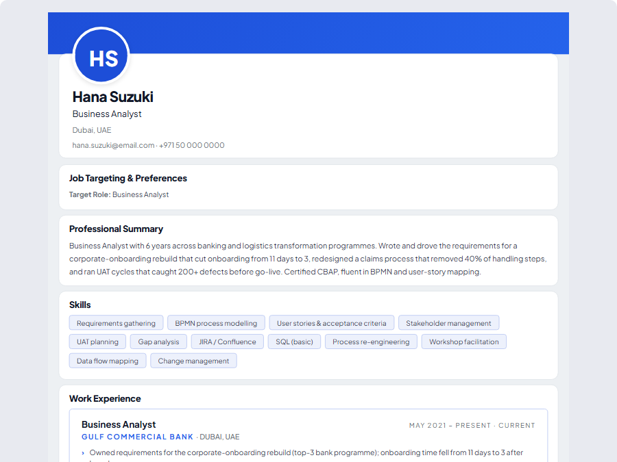 Business Analyst CV example preview