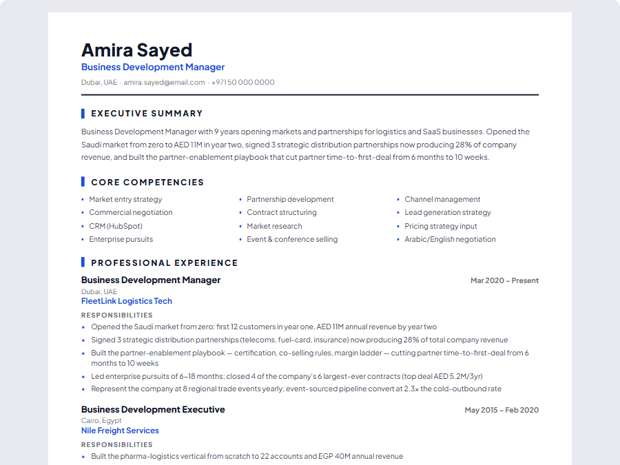 Business Development Manager CV example preview