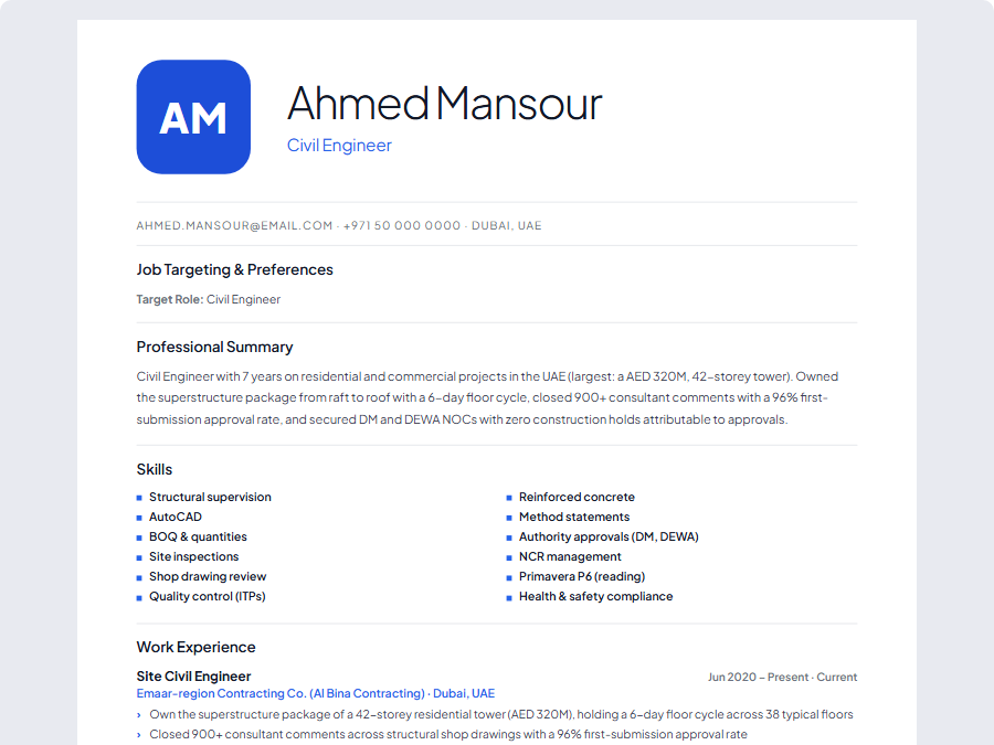 Civil Engineer CV example preview