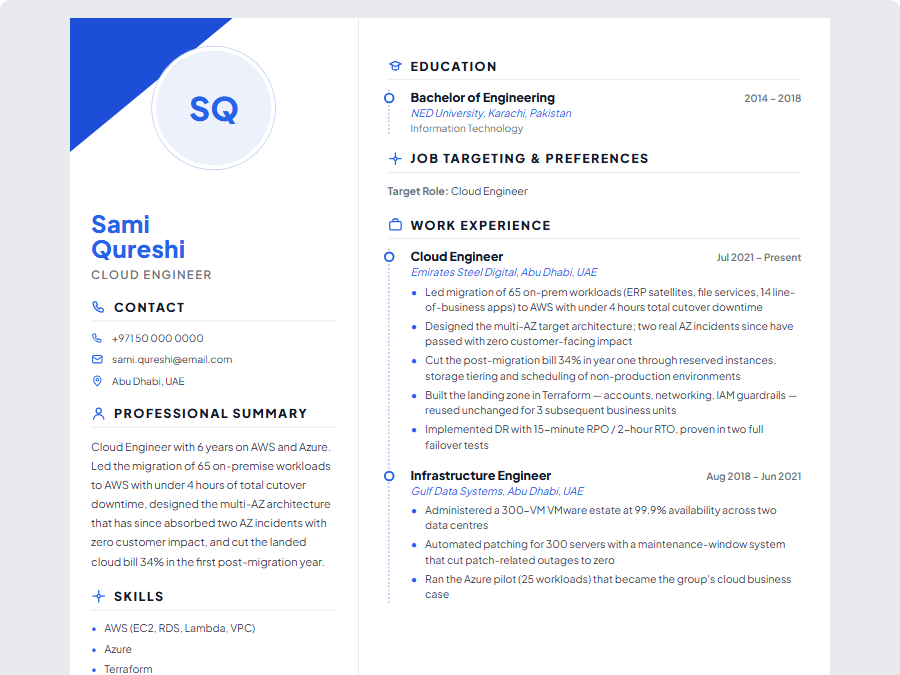 Cloud Engineer CV example preview