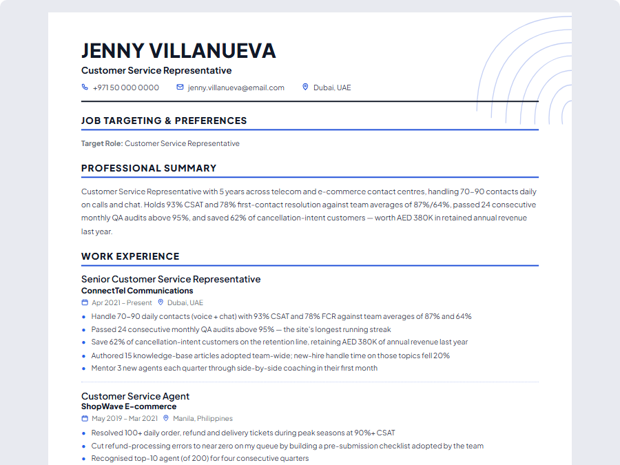 Customer Service Representative CV example preview