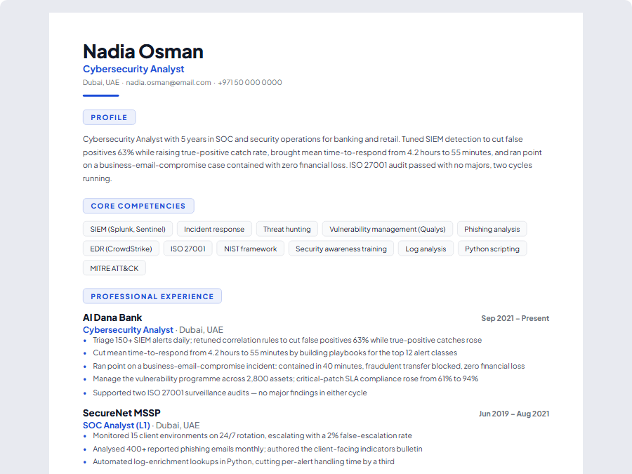 Cybersecurity Analyst CV example preview
