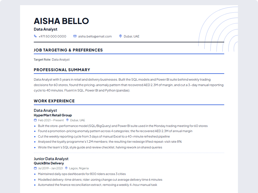 Data Analyst CV example preview