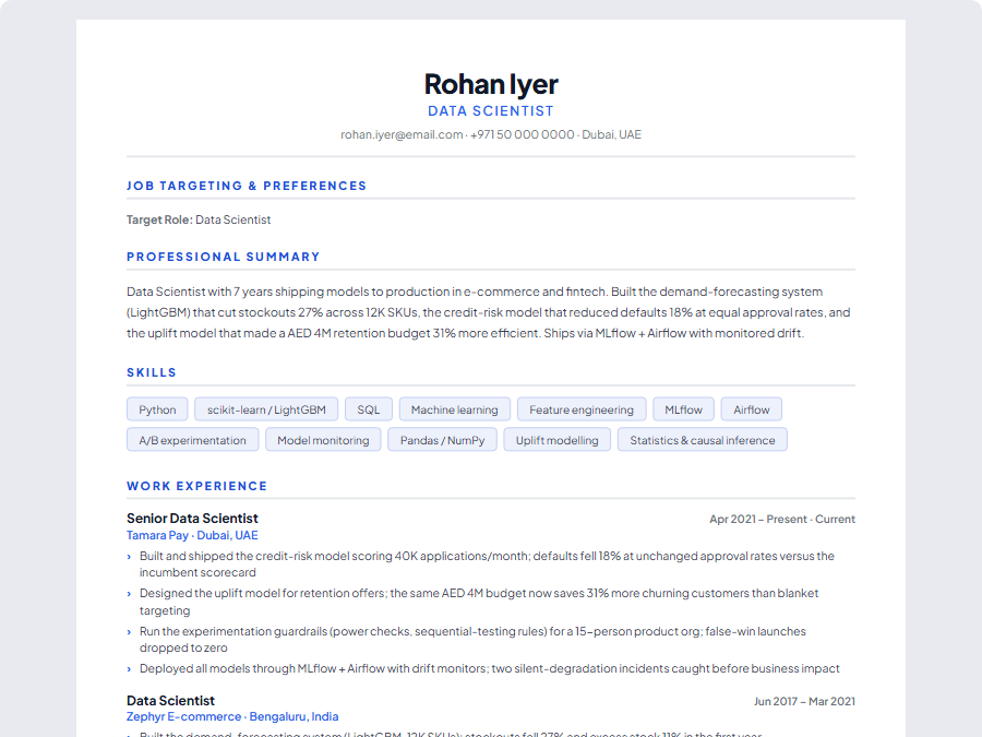 Data Scientist CV example preview