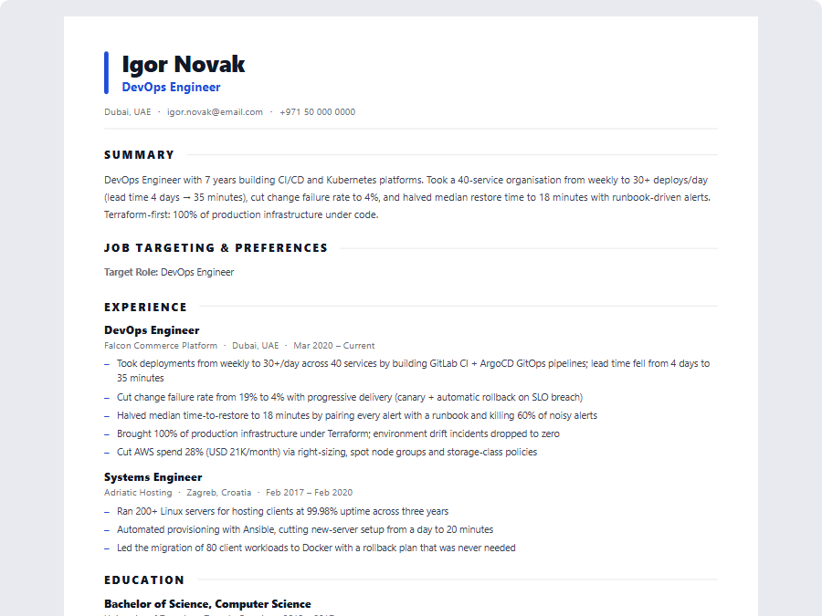 DevOps Engineer CV example preview
