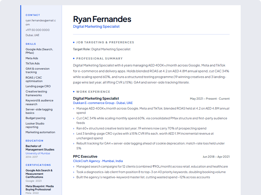Digital Marketing Specialist CV example preview