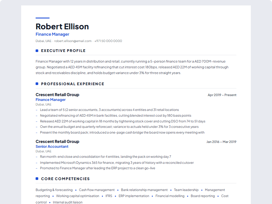 Finance Manager CV example preview