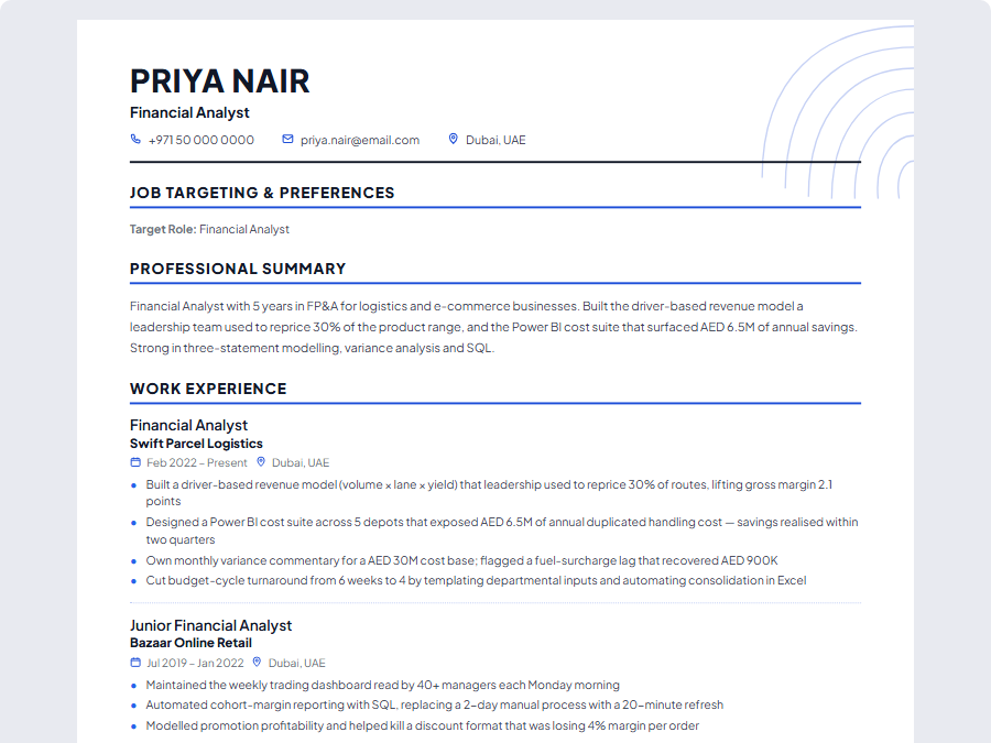 Financial Analyst CV example preview