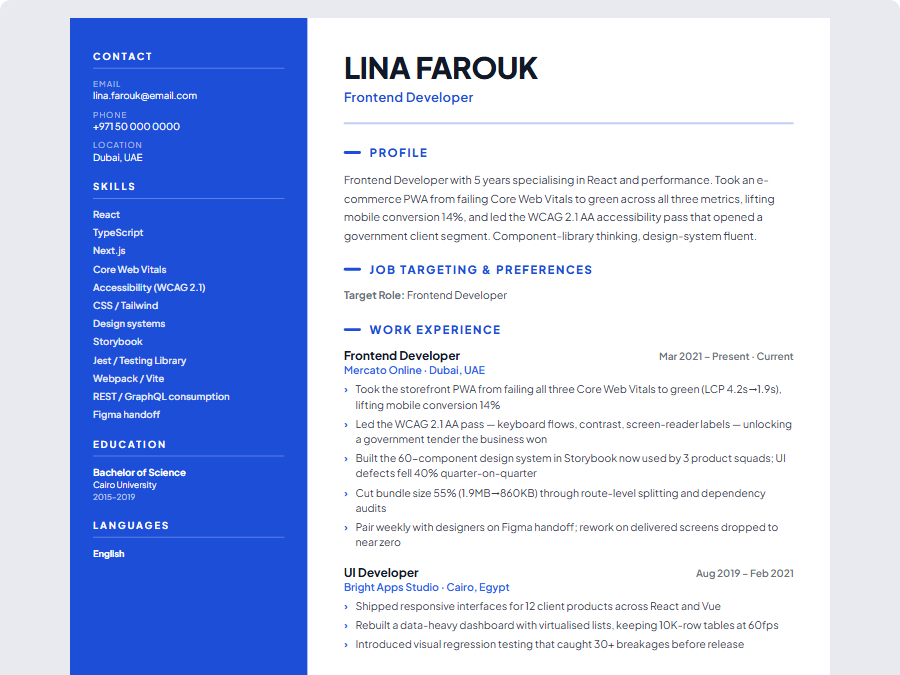 Frontend Developer CV example preview