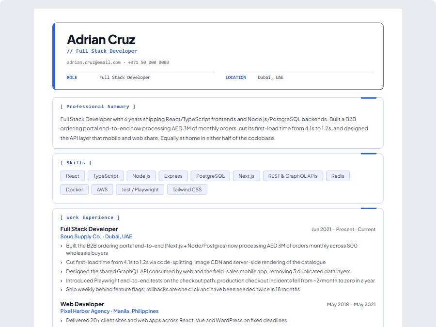 Full Stack Developer CV example preview