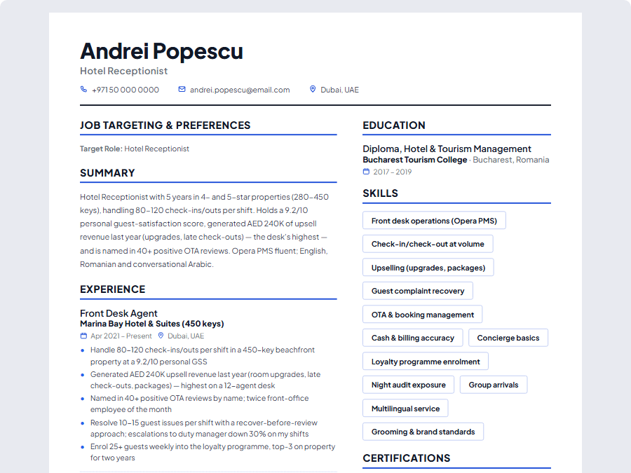 Hotel Receptionist CV example preview