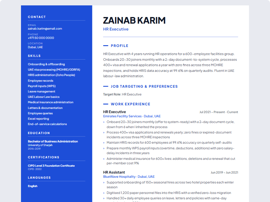 HR Executive CV example preview