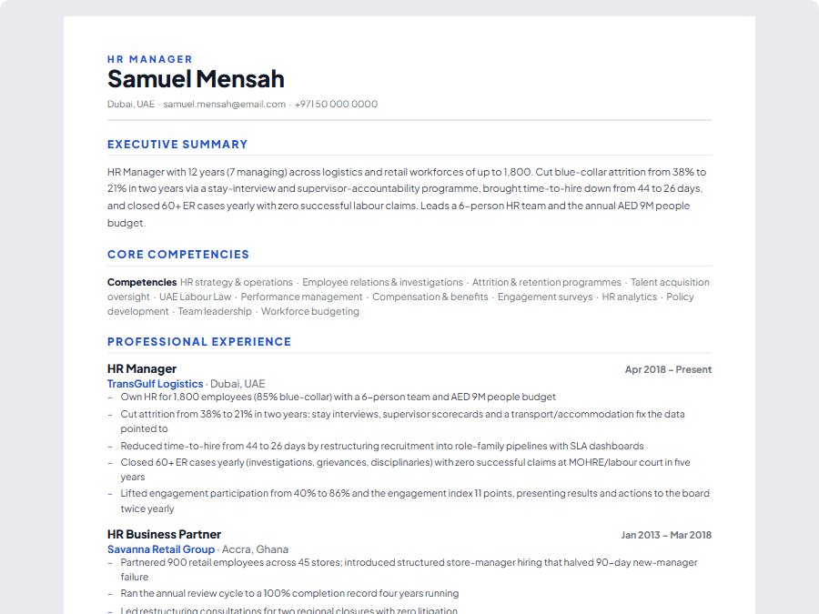 HR Manager CV example preview