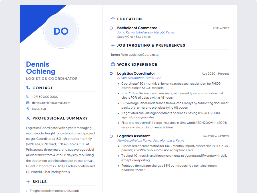 Logistics Coordinator CV example preview