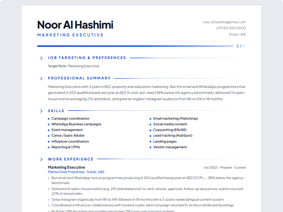 Marketing Executive CV example preview