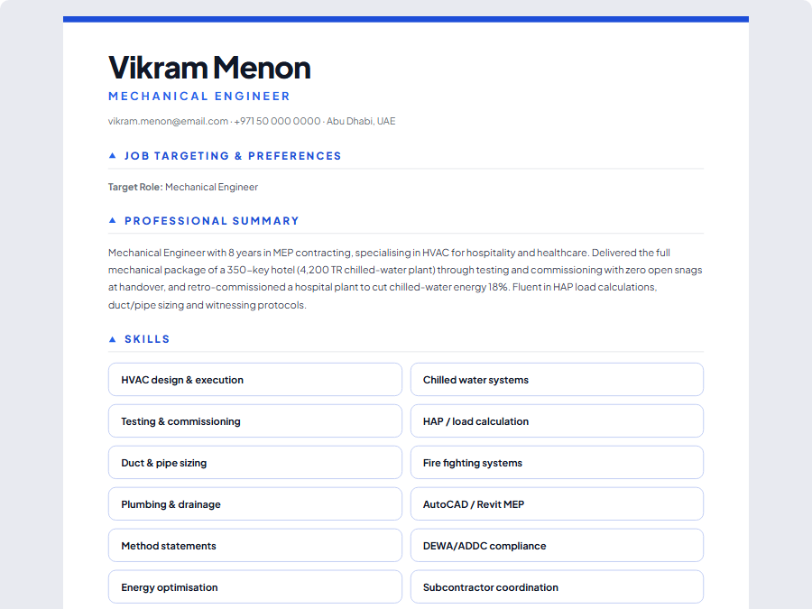 Mechanical Engineer CV example preview