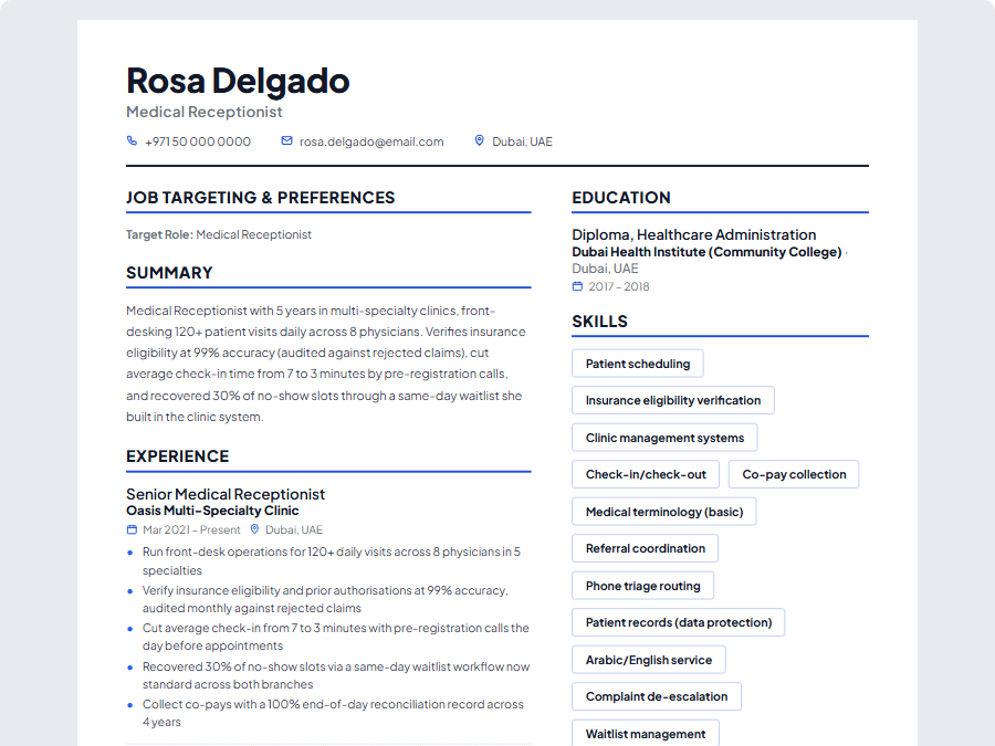 Medical Receptionist CV example preview