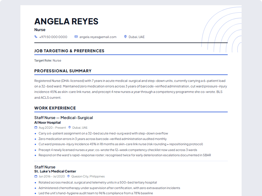 Nurse CV example preview
