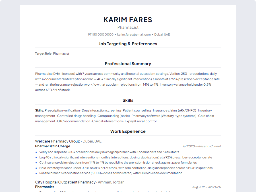 Pharmacist CV example preview