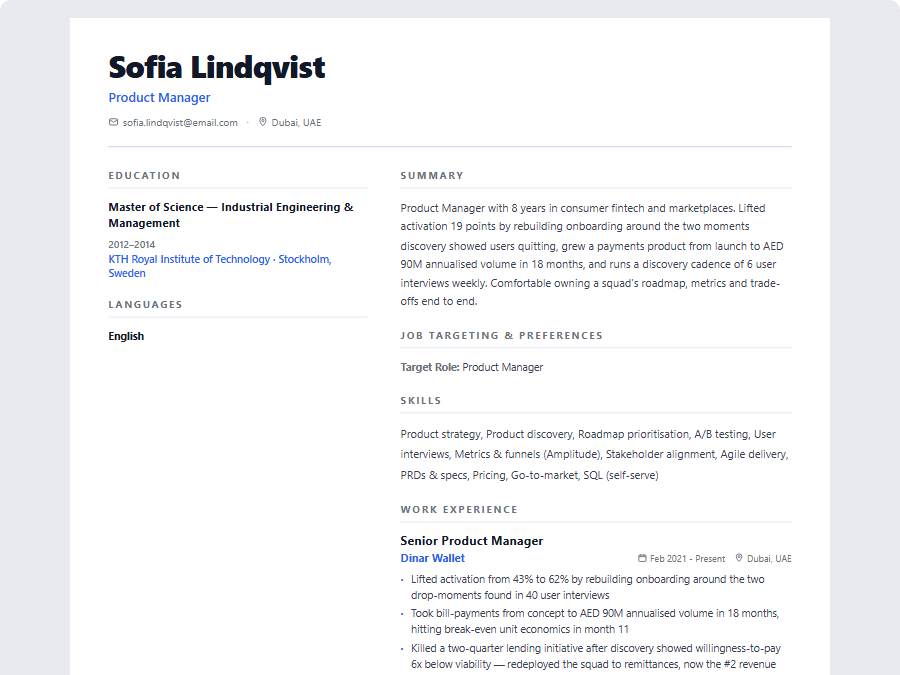 Product Manager CV example preview