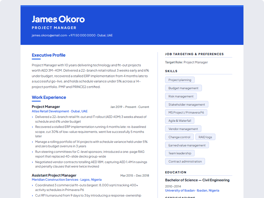 Project Manager CV example preview