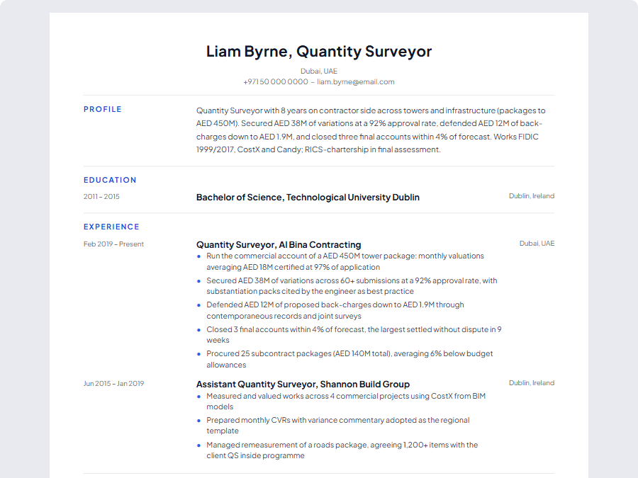Quantity Surveyor CV example preview