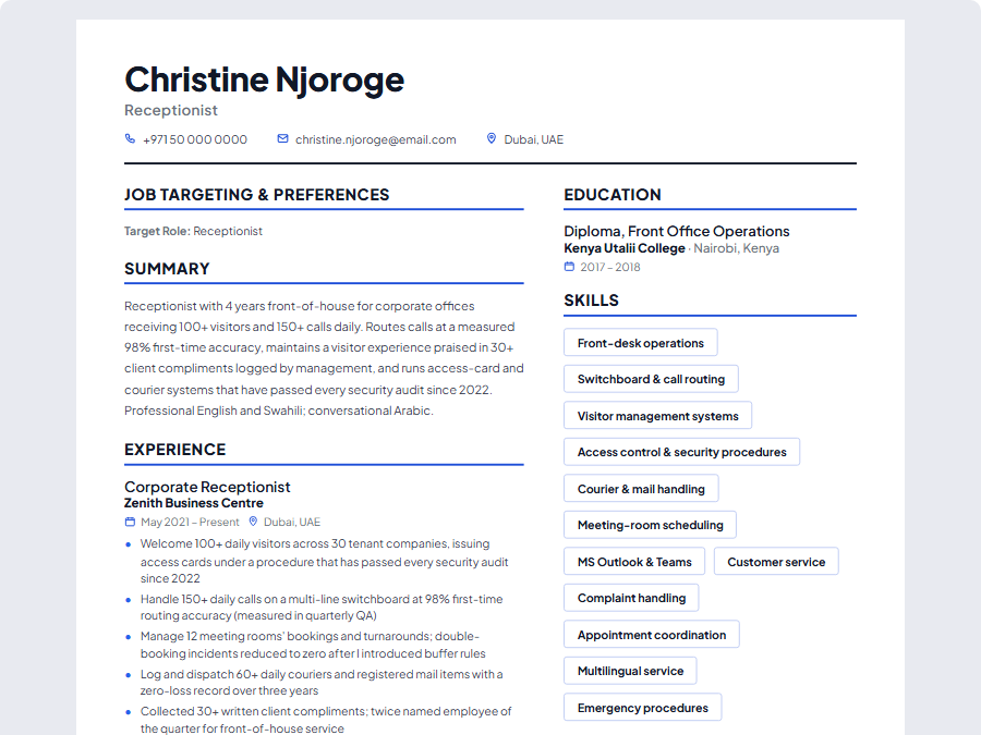 Receptionist CV example preview