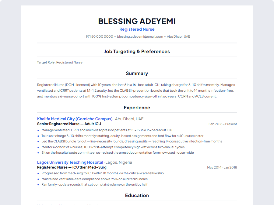 Registered Nurse CV example preview