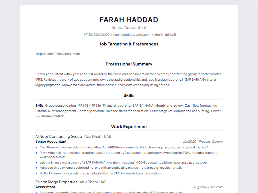 Senior Accountant CV example preview