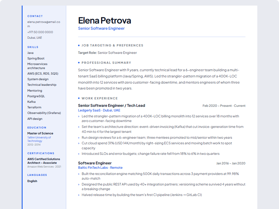 Senior Software Engineer CV example preview