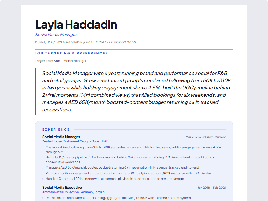 Social Media Manager CV example preview