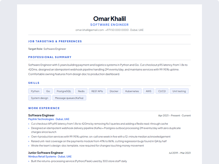 Software Engineer CV example preview