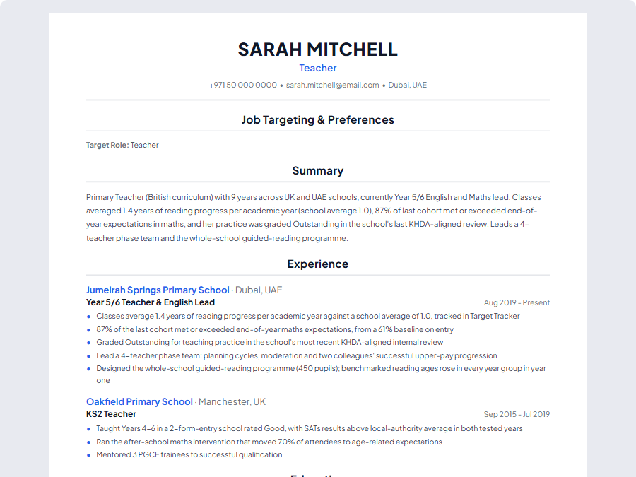 Teacher CV example preview
