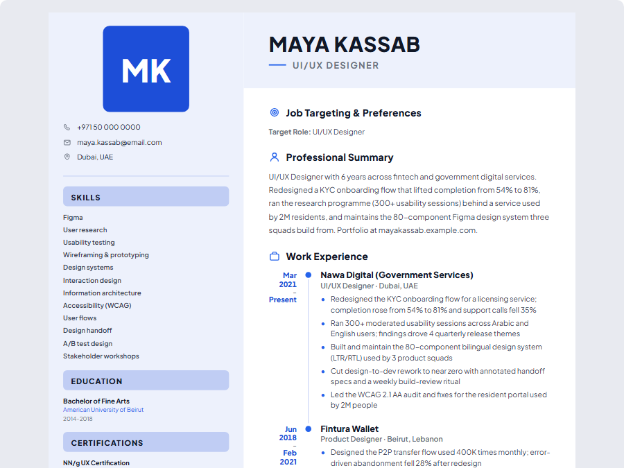 UI/UX Designer CV example preview