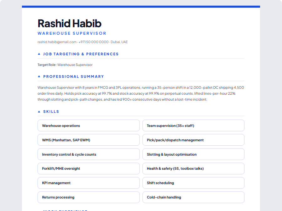 Warehouse Supervisor CV example preview