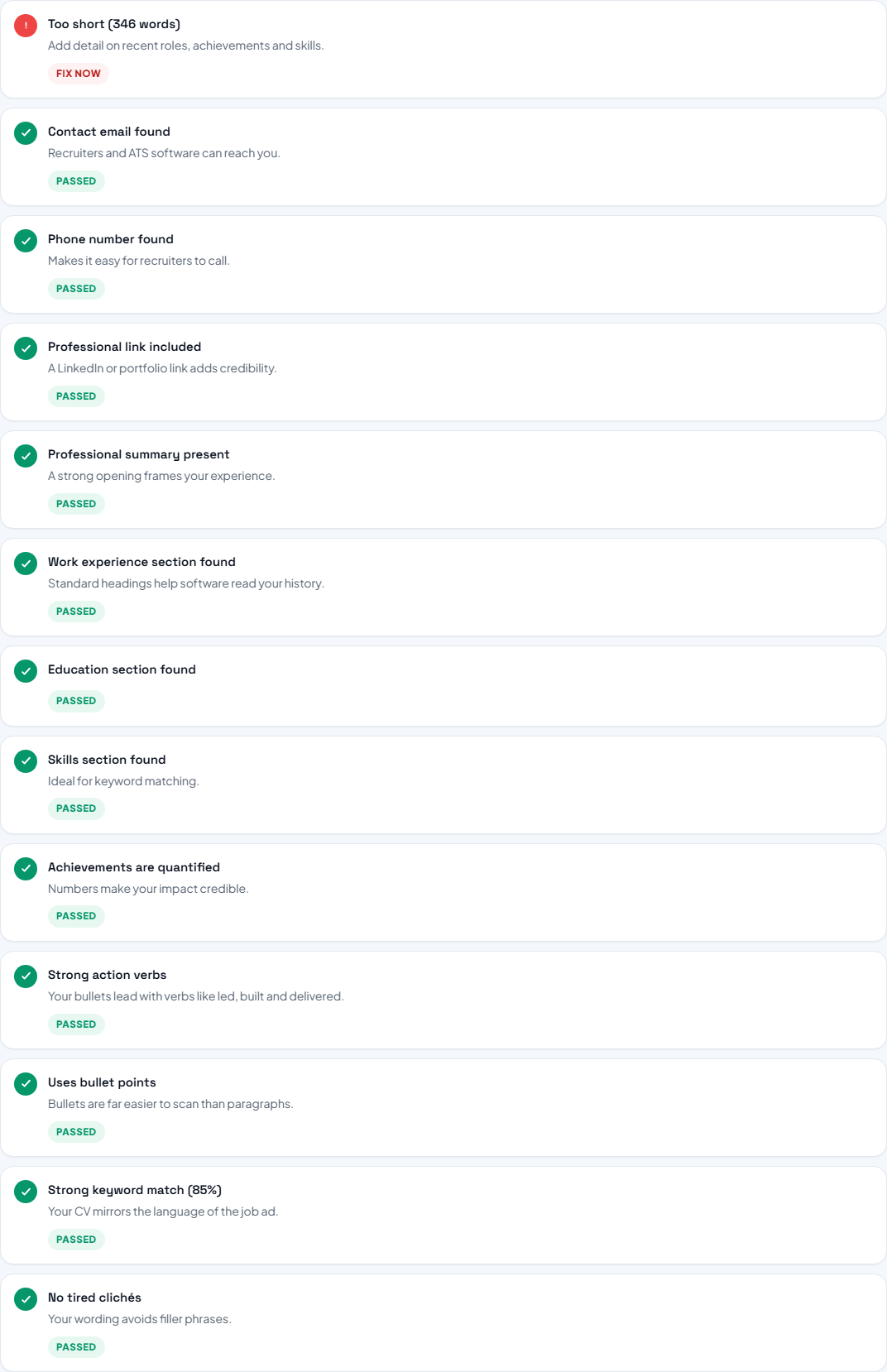 The findings list, each item saying what is wrong and what to do about it