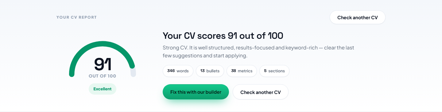 The score dial showing 91 out of 100 with an Excellent grade