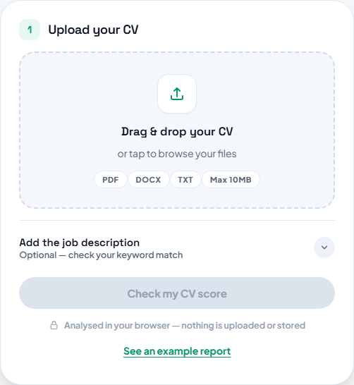 The ATS Resume Checker upload card, where the exported file is checked