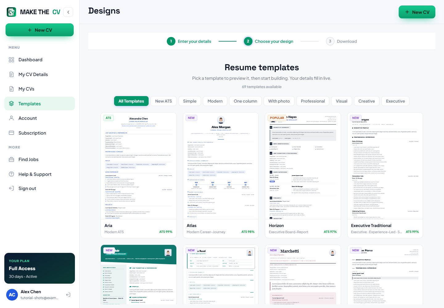 The Resume templates gallery with the filter tabs and an ATS score on each design