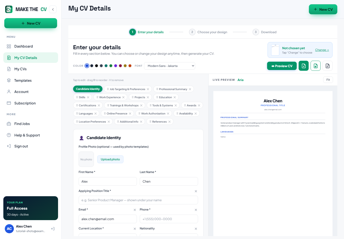 The My CV Details screen: the section chips, the Candidate Identity form and the Live Preview beside it