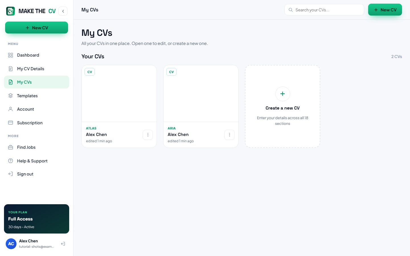 The My CVs screen with two saved CVs and the option to create another