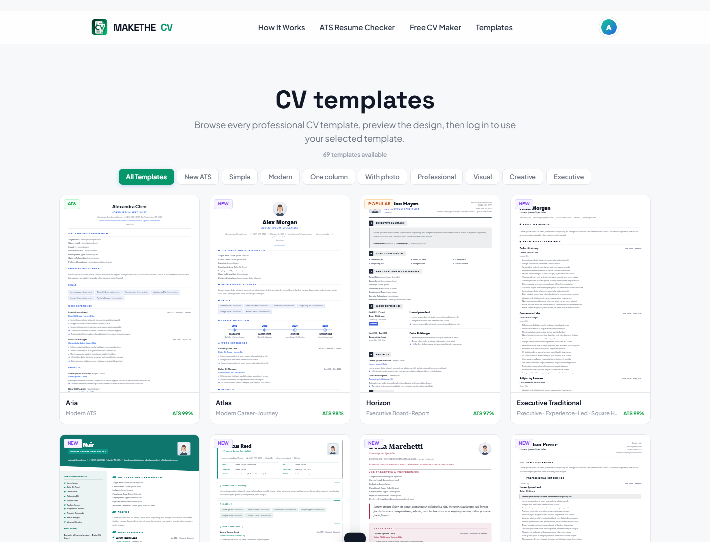 The public Resume templates page showing the available designs